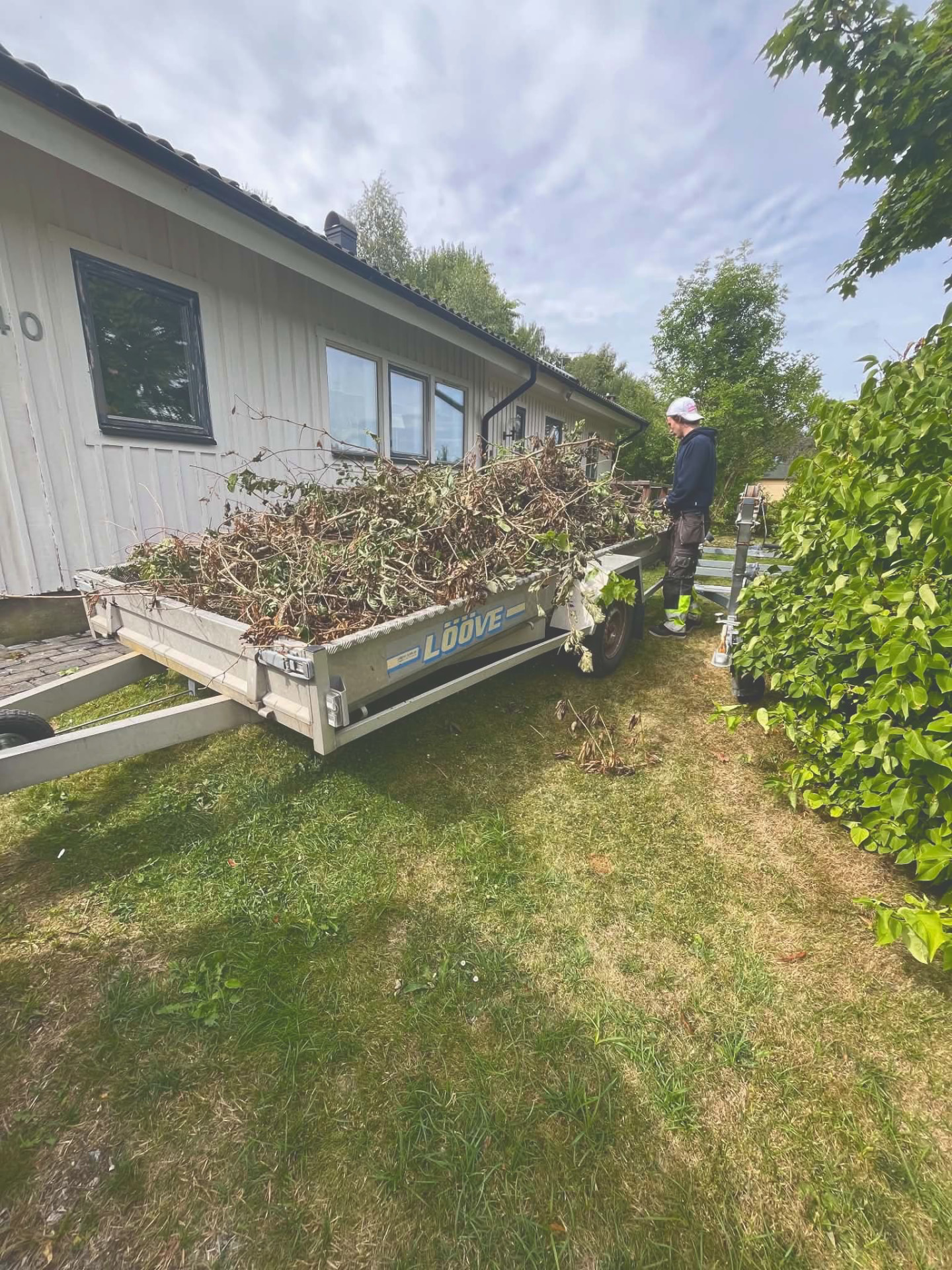 Släp lastat med grenar efter trädgårdsarbete